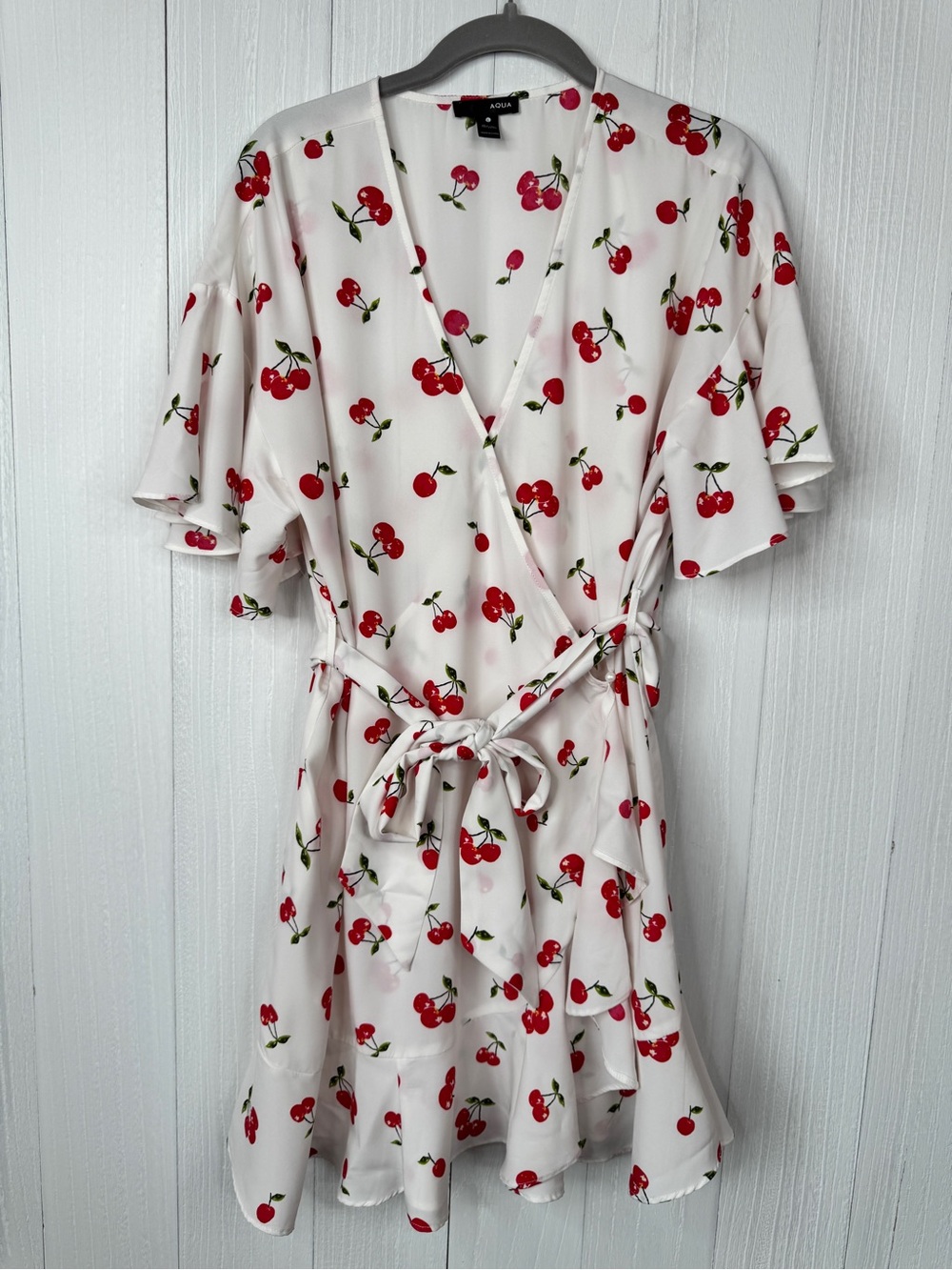 Aqua White Cherry-Print Wrap Mini Dress - L